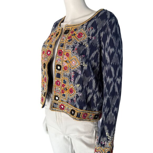 Calypso St. Barth Navy Akillna Ikat Jacket With Colorful Embroidered Mirror Deta - Picture 3 of 11